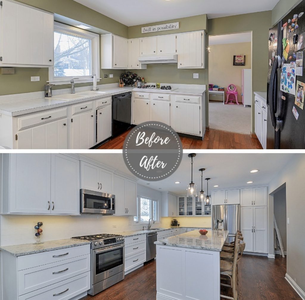 The kitchen remodeling of outdated cabinets and countertops replaced with modern white cabinets and sleek quartz countertops.