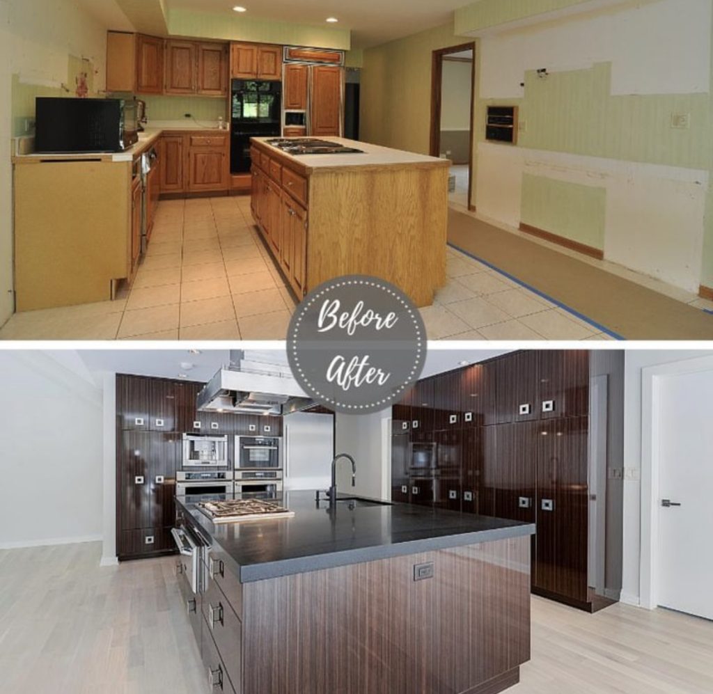 The kitchen remodeling of outdated wood cabinets and appliances replaced with modern dark wood cabinets and high-end appliances.