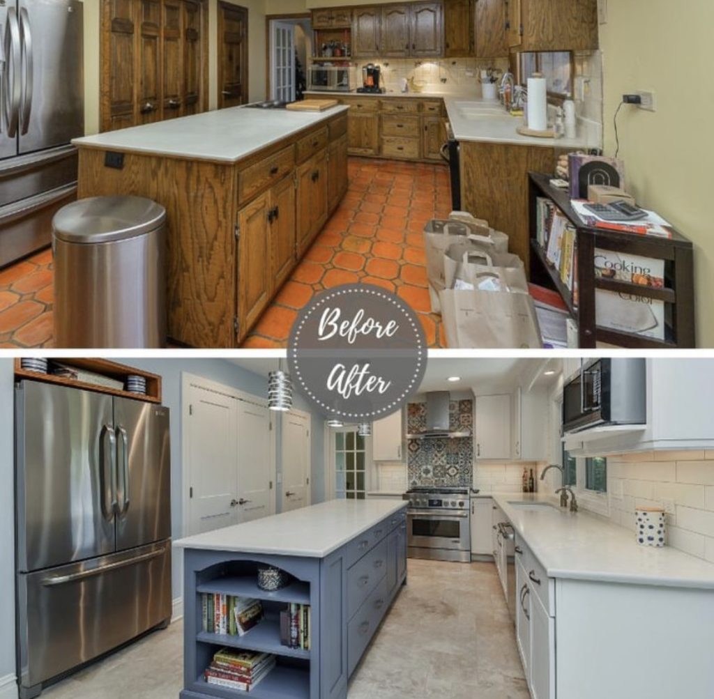 The kitchen remodeling of outdated wood cabinets, orange tile floor, and dark countertops replaced with modern white cabinets, gray quartz countertops, and light gray walls.