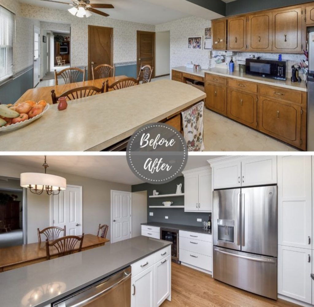 The kitchen remodeling of outdated wood cabinets, patterned countertops, and dark flooring replaced with modern white cabinets, gray quartz countertops, and light wood floors.