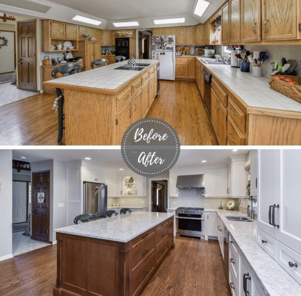 The kitchen remodeling of outdated oak cabinets, tile countertops, and warm-toned walls replaced with modern white cabinets, quartz countertops, and neutral-colored walls.