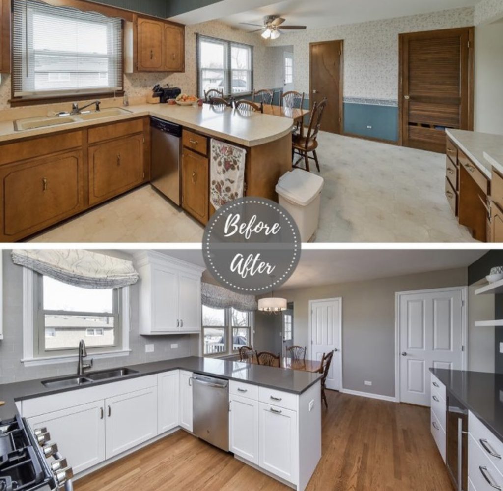 The kitchen remodeling of dark wood cabinets, outdated countertops, and outdated appliances are replaced with white cabinets, sleek countertops, and modern stainless steel appliances.